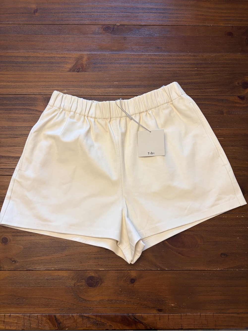 Tibi Ivory 100% Lamb Leather Pull-On Shorts XL NWT Elastic Waist Designer